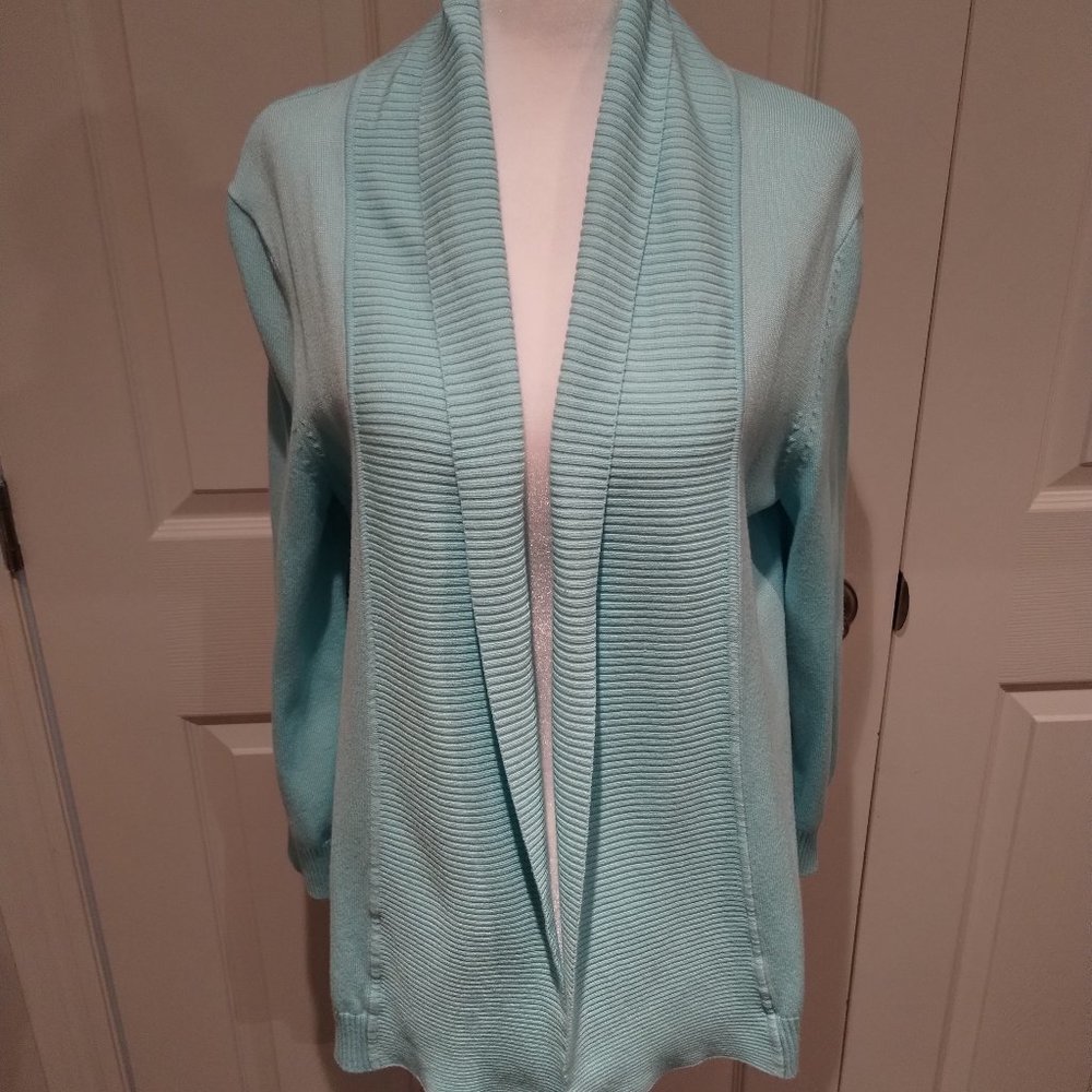 Long Open Front Cardigan Turquoise (Leo & Nicole) Medium